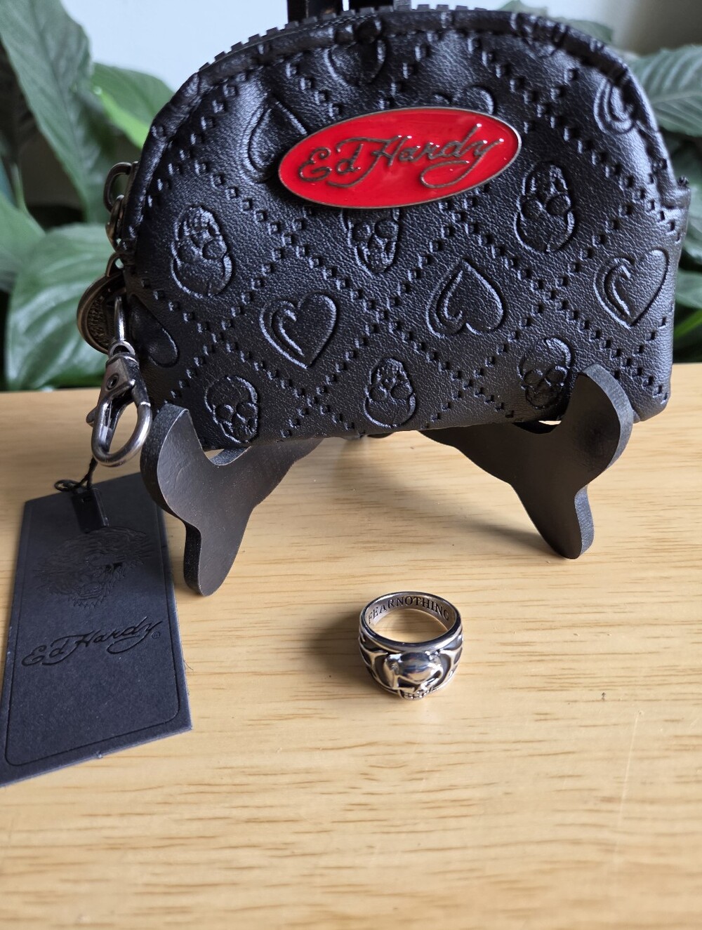 ED  HARDY Coin Purse and Metal Skeleton Ring Size 8.Nwt